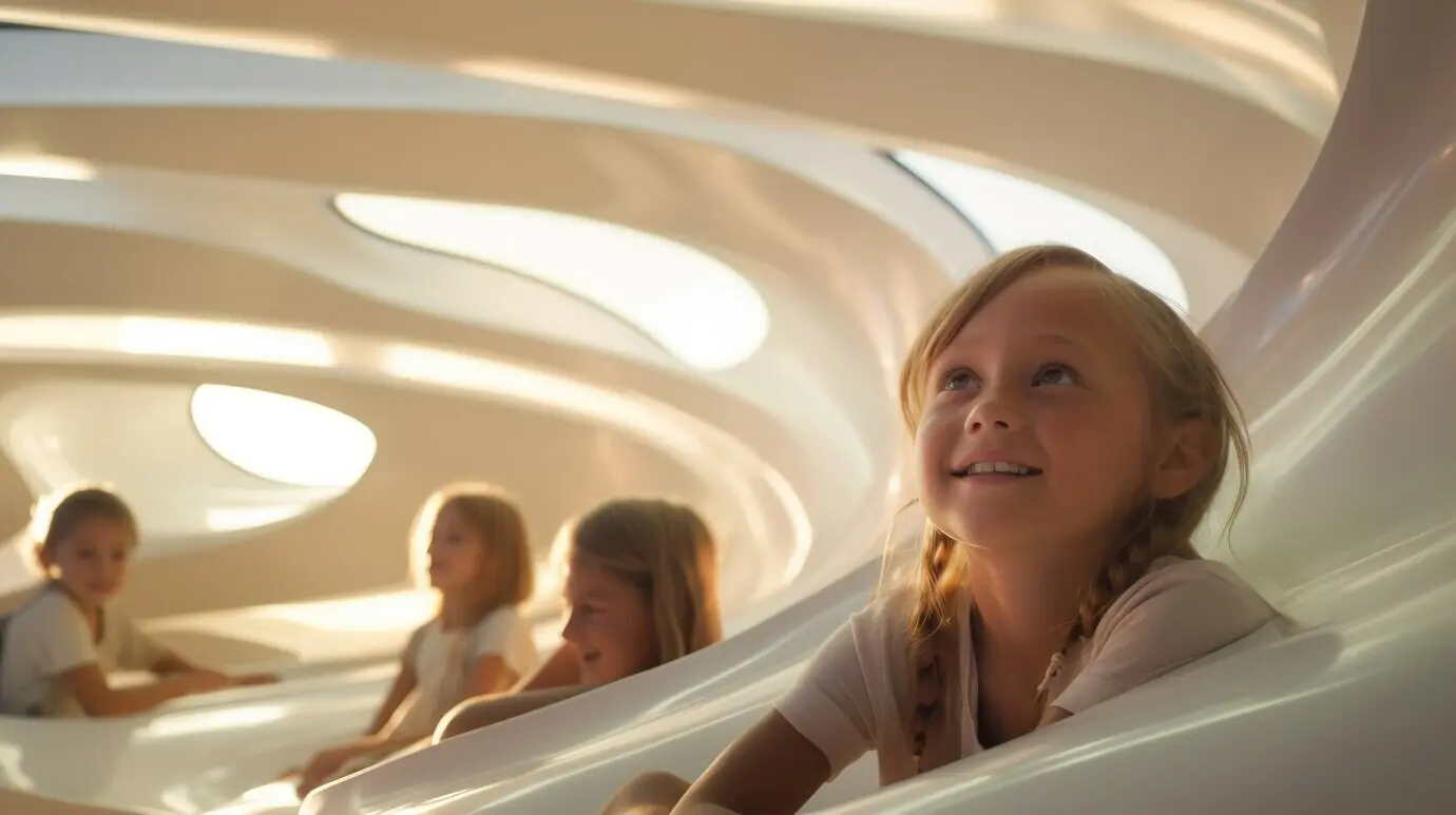 Kinder in einem futuristischen Klassenzimmer einer Schule